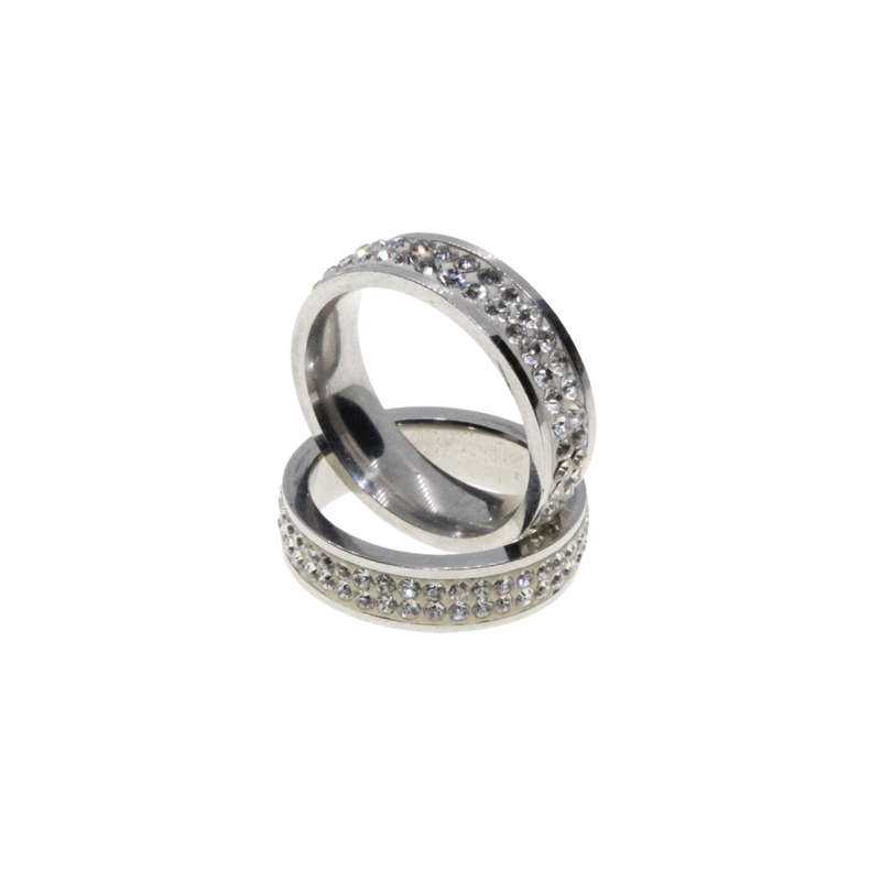 Ring - 2 x Silver Tone Wide Bands surrounded by Clear Diamantes - ML2954