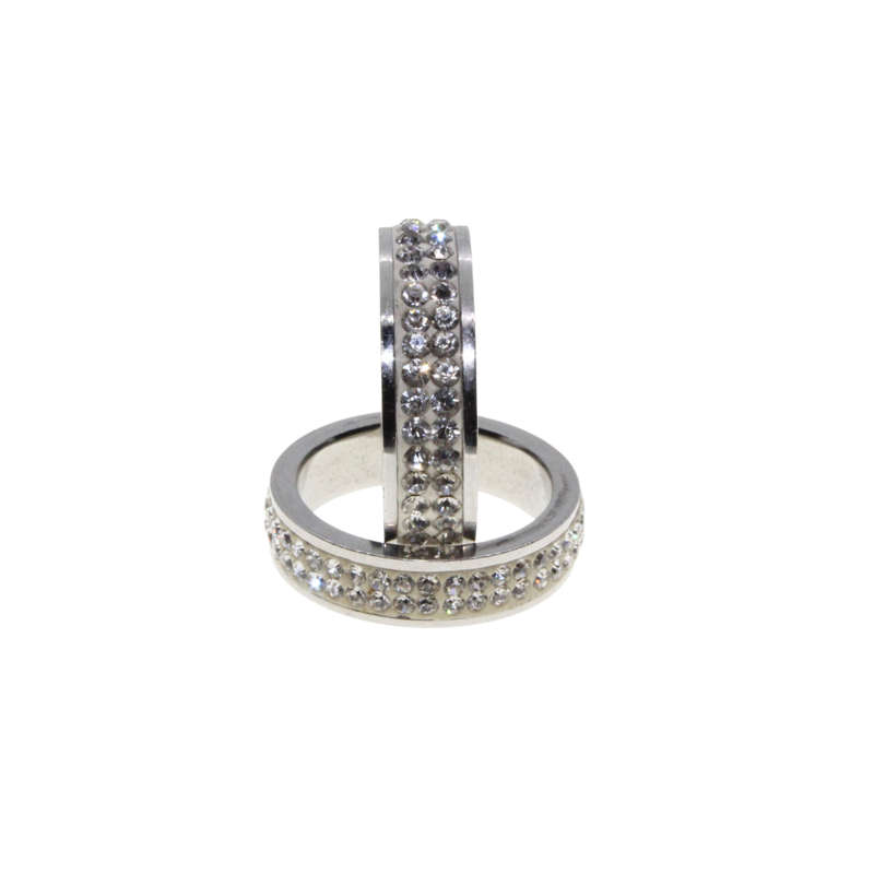 Ring - 2 x Silver Tone Wide Bands surrounded by Clear Diamantes - ML2954