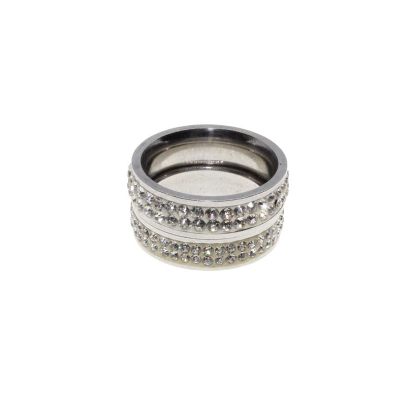 Ring - 2 x Silver Tone Wide Bands surrounded by Clear Diamantes - ML2954