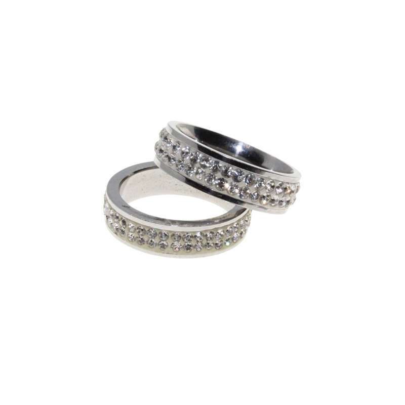 Ring - 2 x Silver Tone Wide Bands surrounded by Clear Diamantes - ML2954