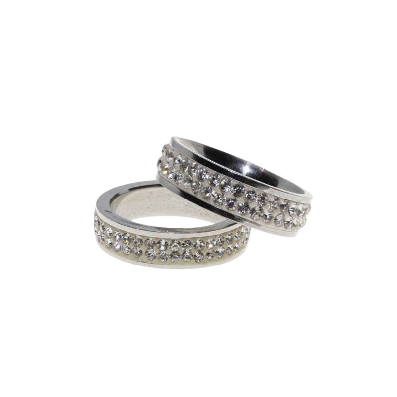Ring - 2 x Silver Tone Wide Bands surrounded by Clear Diamantes - ML2954