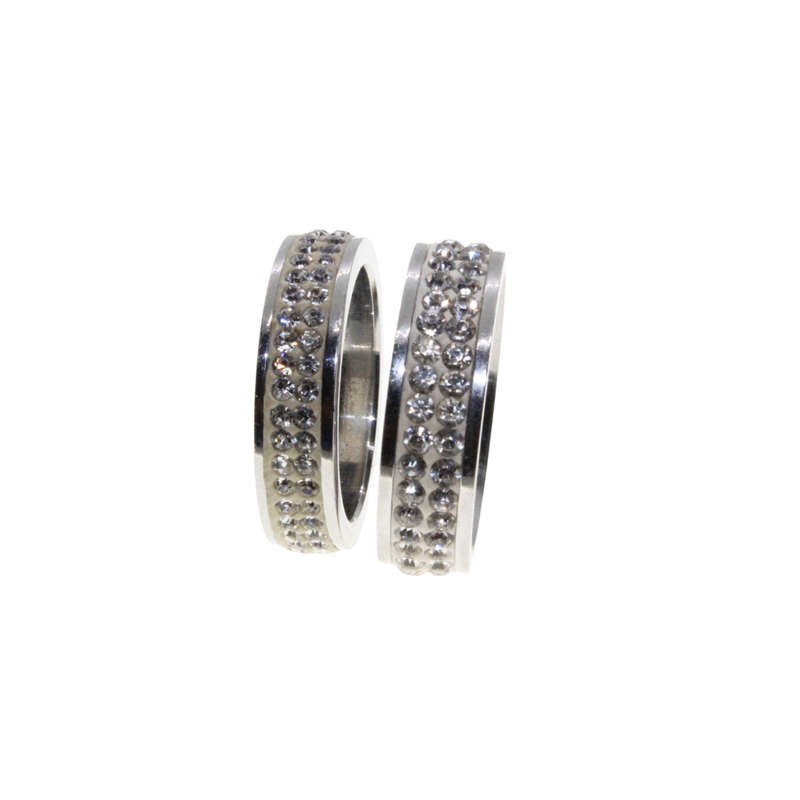 Ring - 2 x Silver Tone Wide Bands surrounded by Clear Diamantes - ML2954