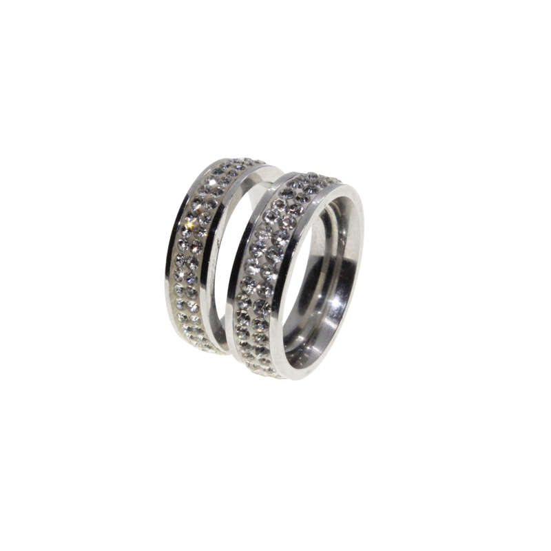 Ring - 2 x Silver Tone Wide Bands surrounded by Clear Diamantes - ML2954