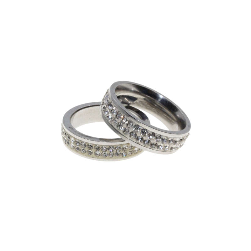 Ring - 2 x Silver Tone Wide Bands surrounded by Clear Diamantes - ML2954