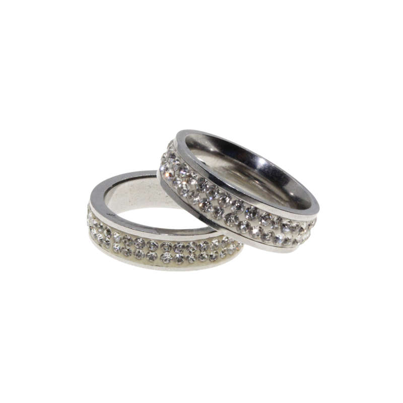 Ring - 2 x Silver Tone Wide Bands surrounded by Clear Diamantes - ML2954
