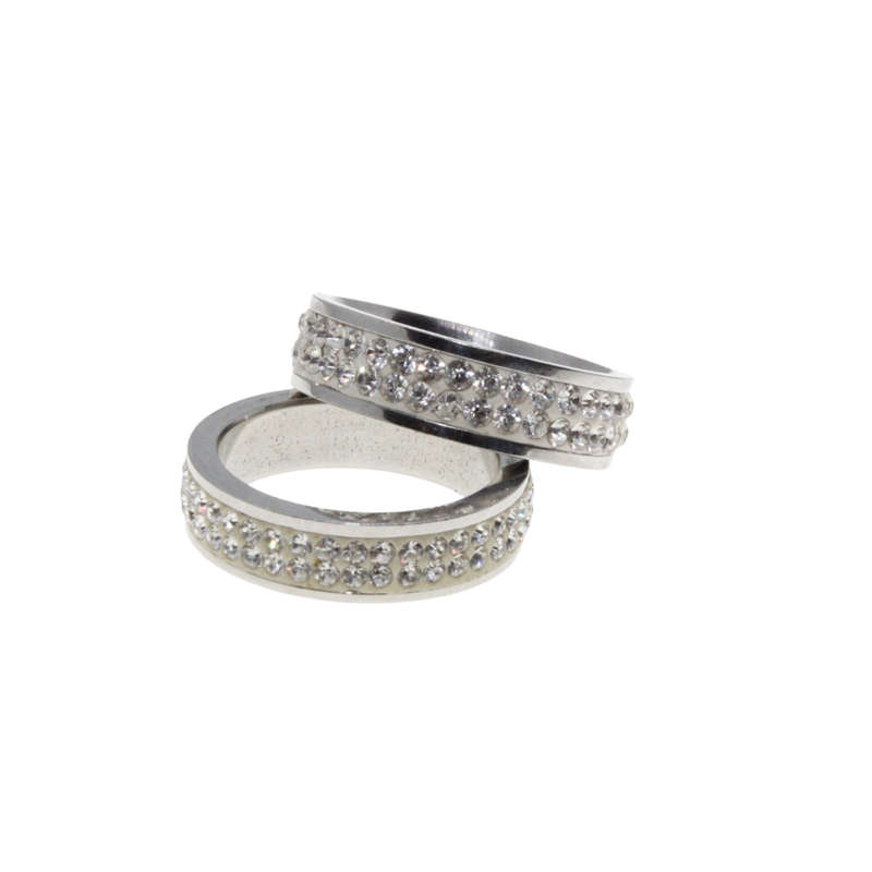 Ring - 2 x Silver Tone Wide Bands surrounded by Clear Diamantes - ML2954