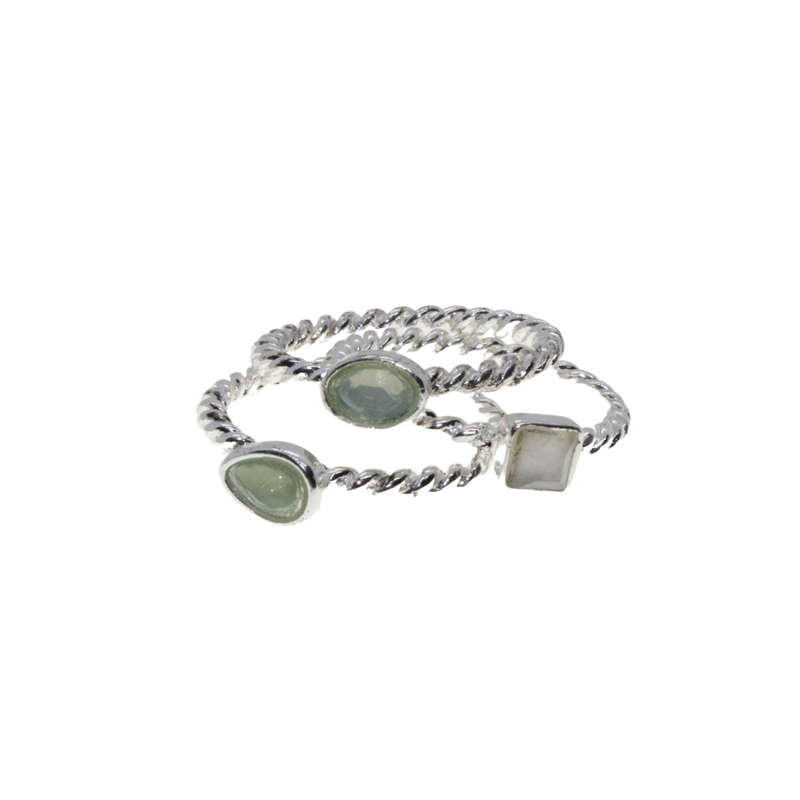 Ring - 3 x Silver Tone Rope Design Bands. Faux Pastel Colour Gemstones - ML2958