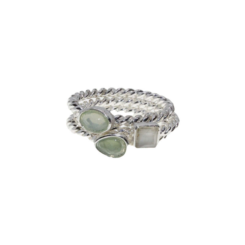 Ring - 3 x Silver Tone Rope Design Bands. Faux Pastel Colour Gemstones - ML2958