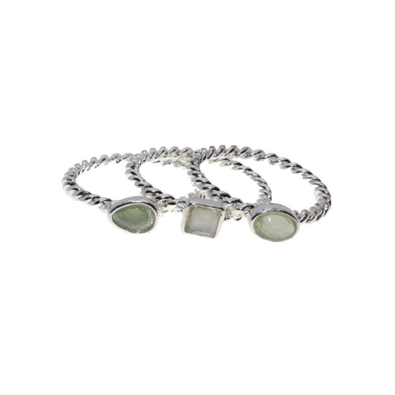 Ring - 3 x Silver Tone Rope Design Bands. Faux Pastel Colour Gemstones - ML2958