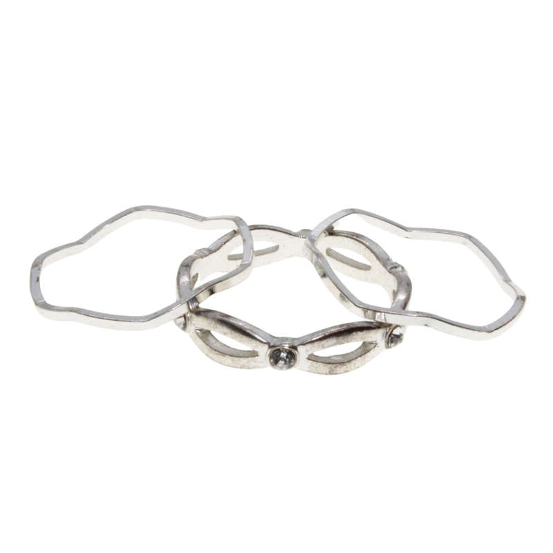 Ring - 3 x Silver Tone Dainty Bands. Wave Shape Pattern. Clear Diamantes - ML2962