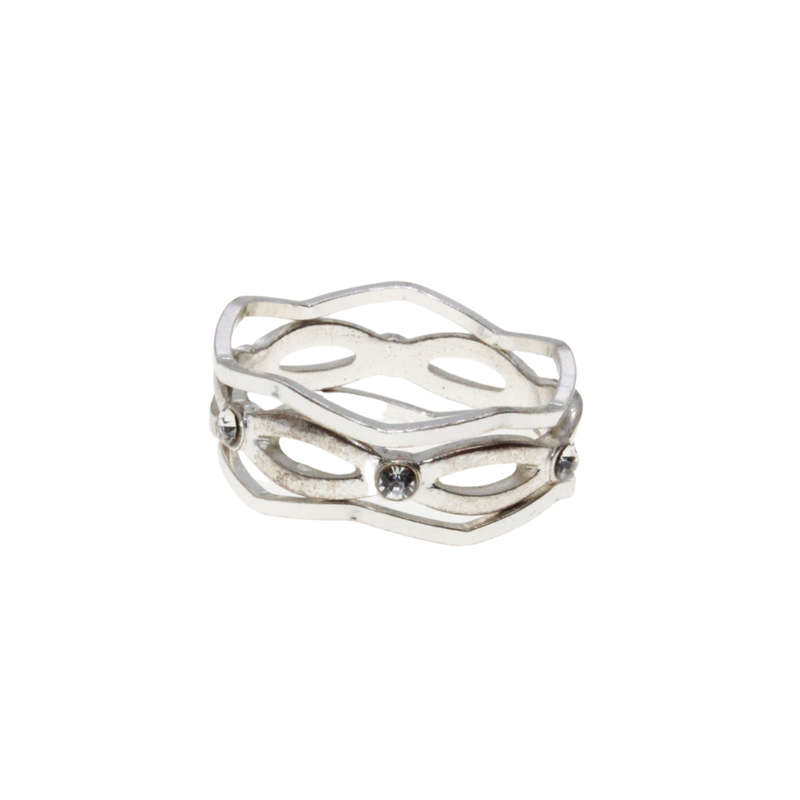 Ring - 3 x Silver Tone Dainty Bands. Wave Shape Pattern. Clear Diamantes - ML2962
