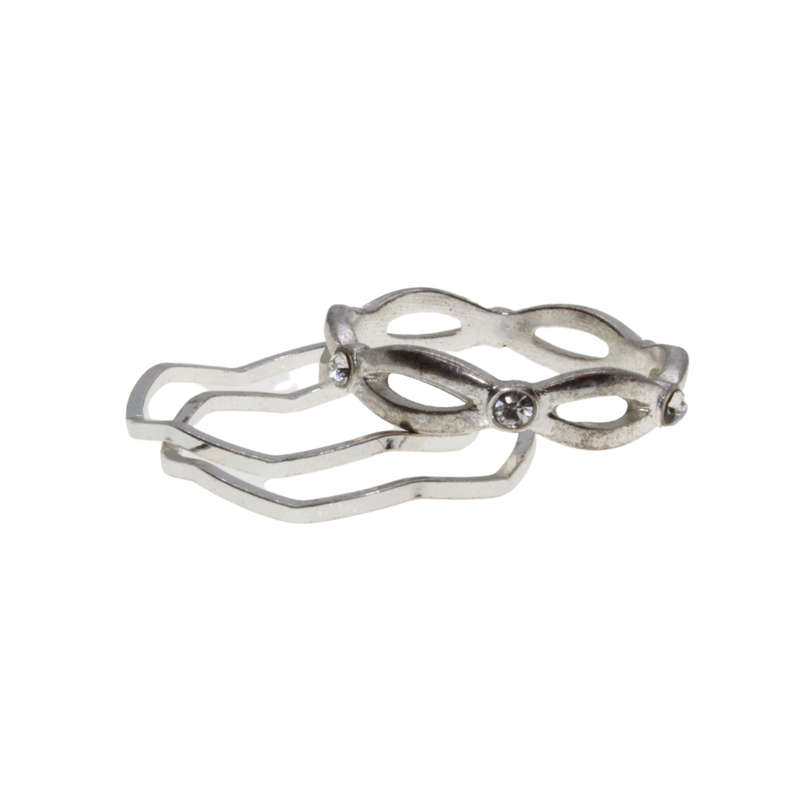 Ring - 3 x Silver Tone Dainty Bands. Wave Shape Pattern. Clear Diamantes - ML2962