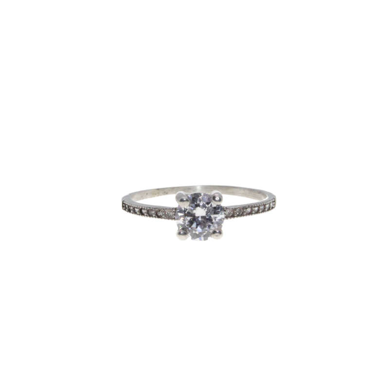Ring - 925 Silver Dainty Band. Solitaire Style Centre Stone with Tiny Diamantes on each side - ML...