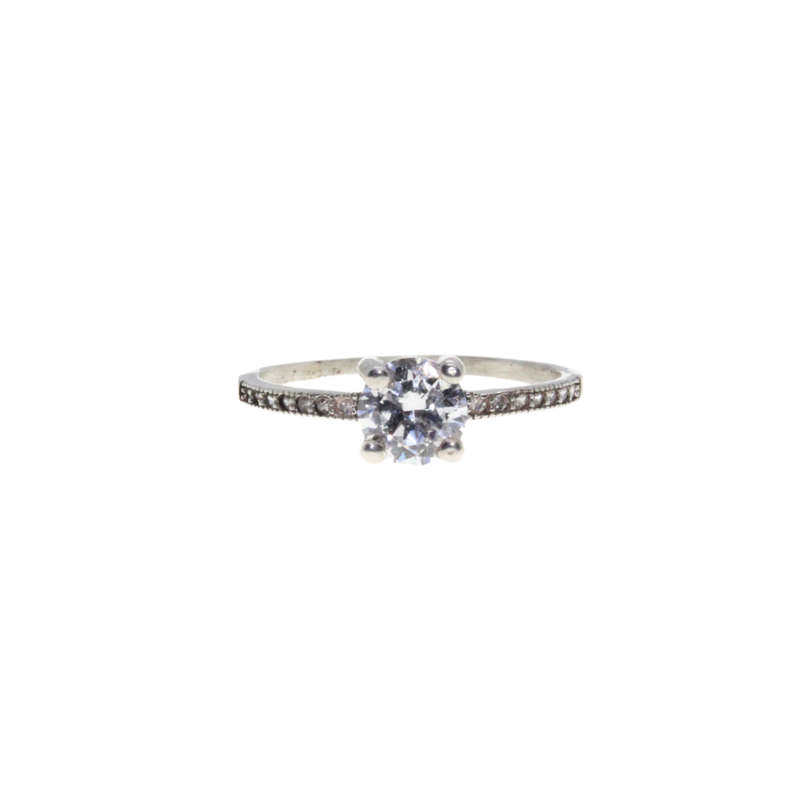 Ring - 925 Silver Dainty Band. Solitaire Style Centre Stone with Tiny Diamantes on each side - ML...