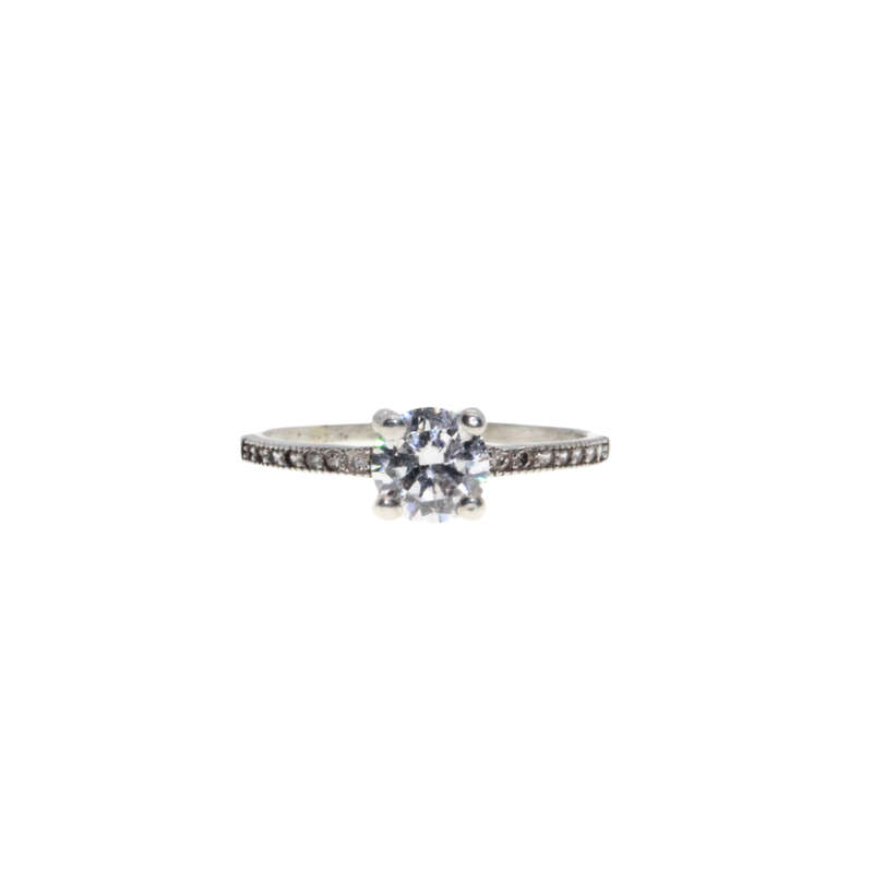 Ring - 925 Silver Dainty Band. Solitaire Style Centre Stone with Tiny Diamantes on each side - ML...