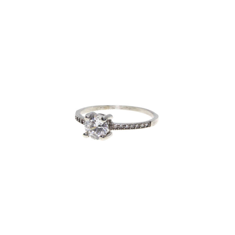 Ring - 925 Silver Dainty Band. Solitaire Style Centre Stone with Tiny Diamantes on each side - ML...