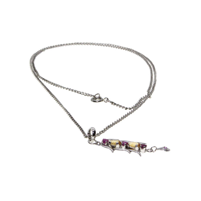 Necklace - Silver Tone Chain. Long Leaf Style Pendant. Plum & Orange Diamantes - ML2969