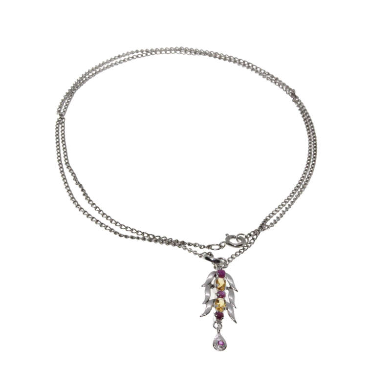 Necklace - Silver Tone Chain. Long Leaf Style Pendant. Plum & Orange Diamantes - ML2969