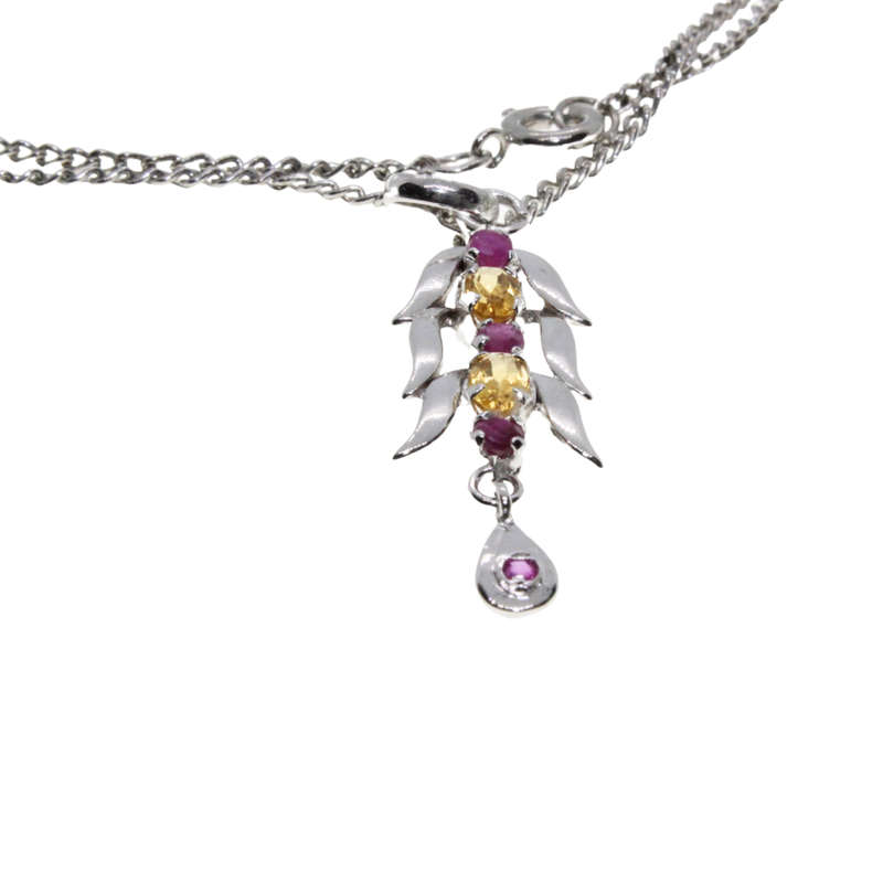 Necklace - Silver Tone Chain. Long Leaf Style Pendant. Plum & Orange Diamantes - ML2969