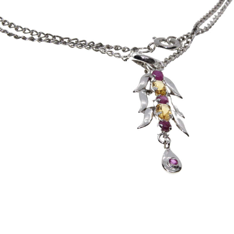 Necklace - Silver Tone Chain. Long Leaf Style Pendant. Plum & Orange Diamantes - ML2969