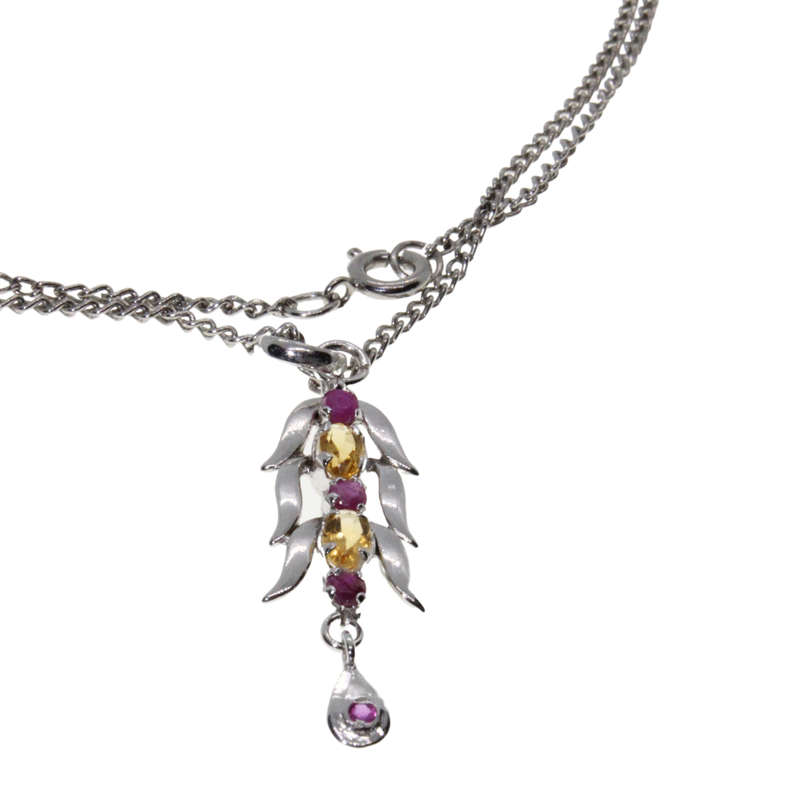 Necklace - Silver Tone Chain. Long Leaf Style Pendant. Plum & Orange Diamantes - ML2969