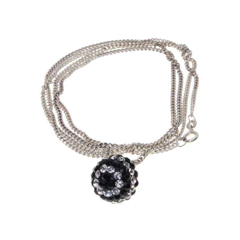 Necklace - 925 Silver Chain. Black and Clear Diamante Glitter Ball 925 Silver Loop - ML2970
