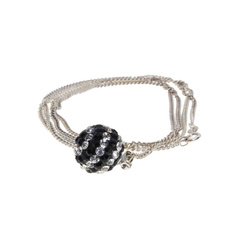 Necklace - 925 Silver Chain. Black and Clear Diamante Glitter Ball 925 Silver Loop - ML2970