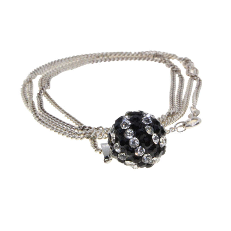 Necklace - 925 Silver Chain. Black and Clear Diamante Glitter Ball 925 Silver Loop - ML2970