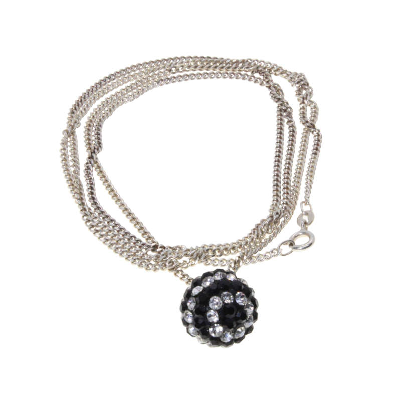 Necklace - 925 Silver Chain. Black and Clear Diamante Glitter Ball 925 Silver Loop - ML2970