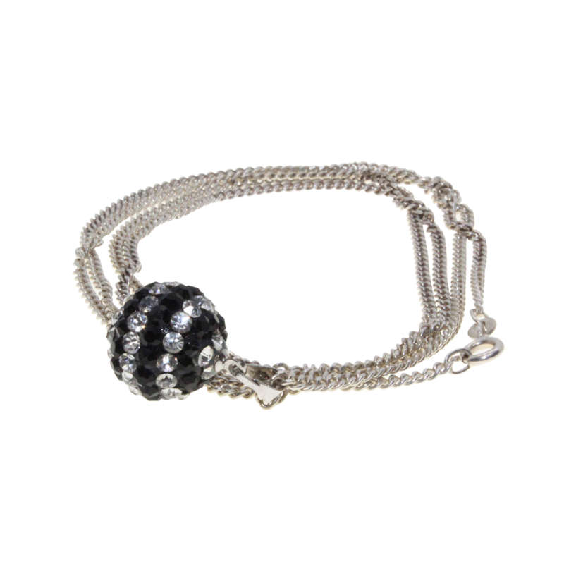 Necklace - 925 Silver Chain. Black and Clear Diamante Glitter Ball 925 Silver Loop - ML2970