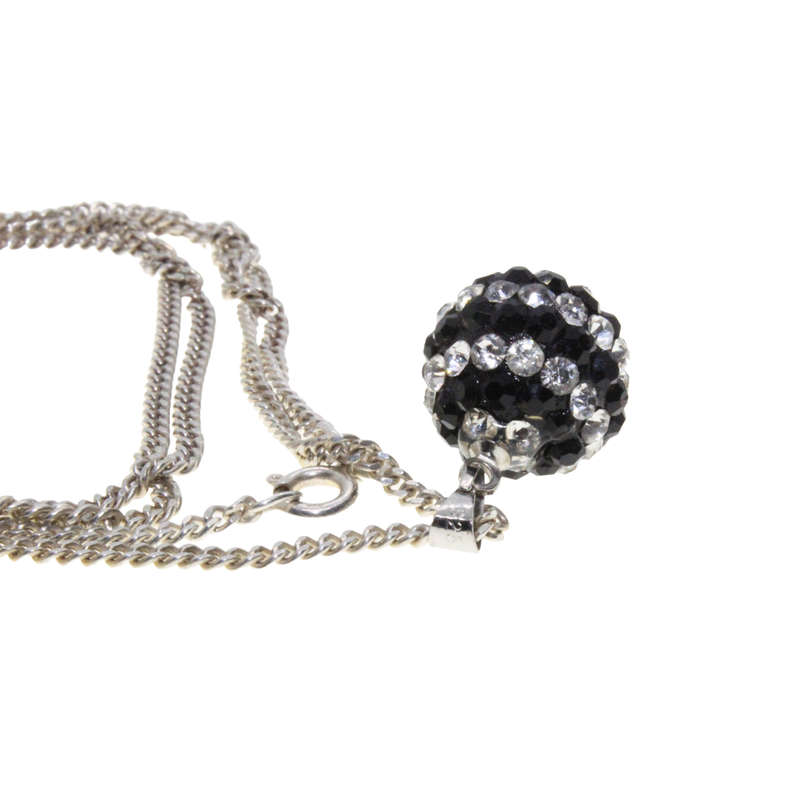 Necklace - 925 Silver Chain. Black and Clear Diamante Glitter Ball 925 Silver Loop - ML2970