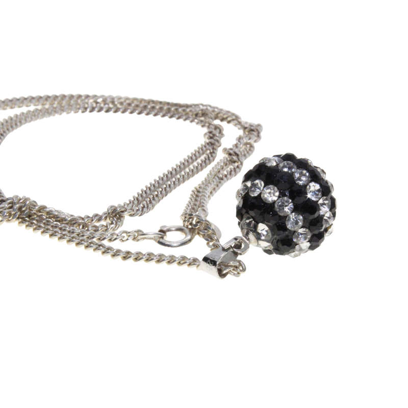 Necklace - 925 Silver Chain. Black and Clear Diamante Glitter Ball 925 Silver Loop - ML2970