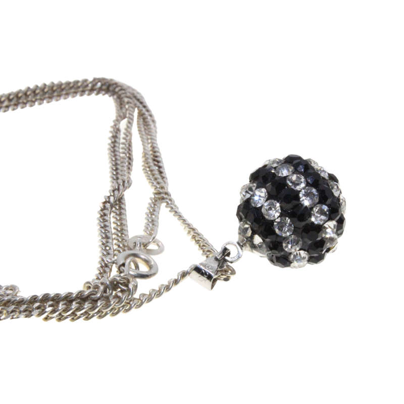 Necklace - 925 Silver Chain. Black and Clear Diamante Glitter Ball 925 Silver Loop - ML2970