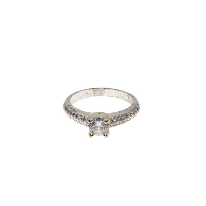 Ring - Silver Tone Band. Solitaire Style Centre Stone surrounded by small Diamantes - ML2972