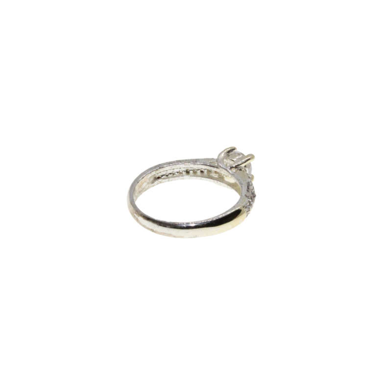 Ring - Silver Tone Band. Solitaire Style Centre Stone surrounded by small Diamantes - ML2972