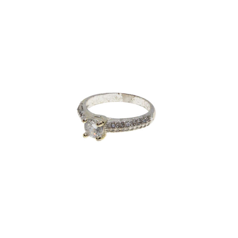 Ring - Silver Tone Band. Solitaire Style Centre Stone surrounded by small Diamantes - ML2972