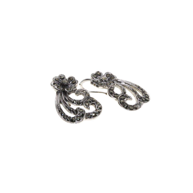 Earrings - Silver Tone Marcasite Design. Flower with Swirl Stems - ML2973