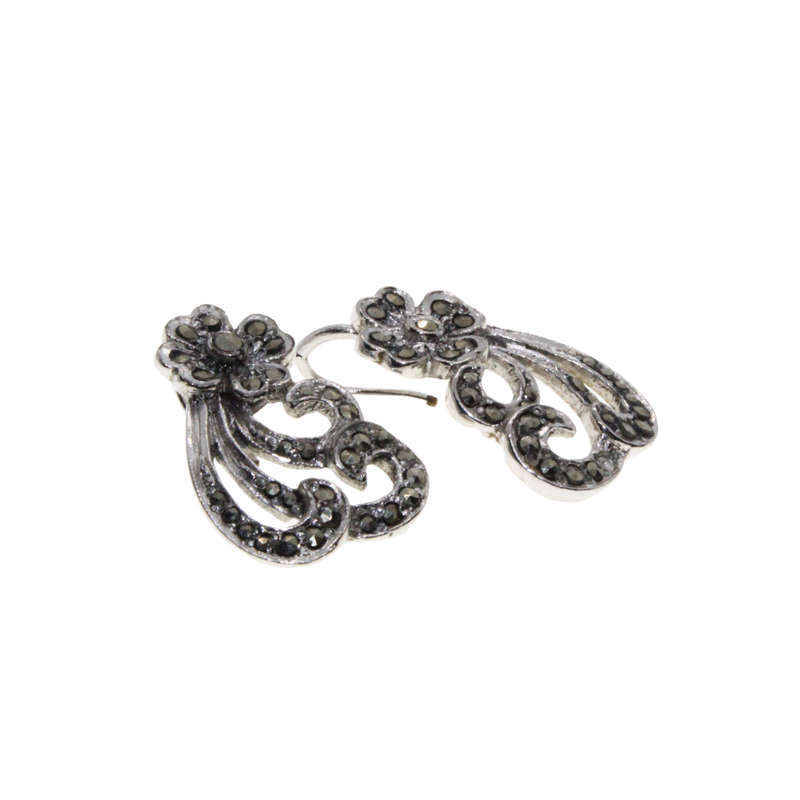 Earrings - Silver Tone Marcasite Design. Flower with Swirl Stems - ML2973