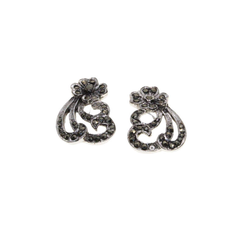 Earrings - Silver Tone Marcasite Design. Flower with Swirl Stems - ML2973