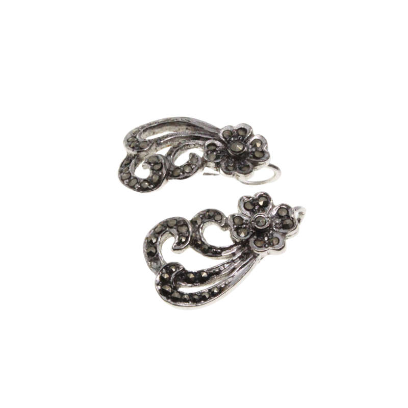 Earrings - Silver Tone Marcasite Design. Flower with Swirl Stems - ML2973