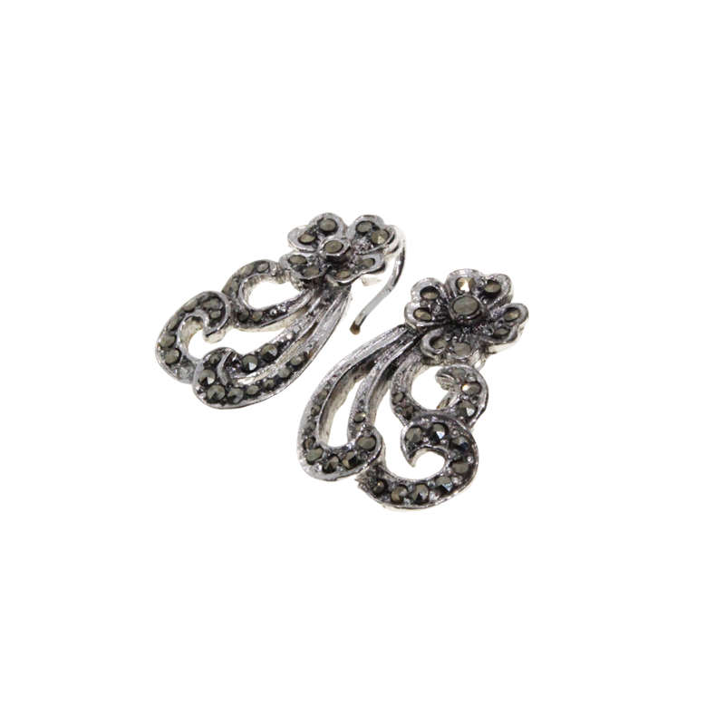 Earrings - Silver Tone Marcasite Design. Flower with Swirl Stems - ML2973