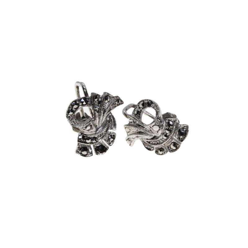 Earrings - Silver Tone Fan Design Screw On Marcasite Earrings - ML2974