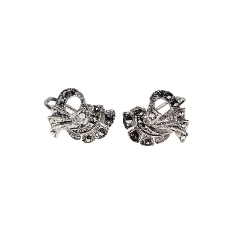 Earrings - Silver Tone Fan Design Screw On Marcasite Earrings - ML2974