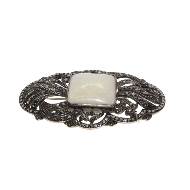 Brooch - Silver Marcasite Antique Brooch with Opal. Crazing Lines on Surface of Opal indicating A...