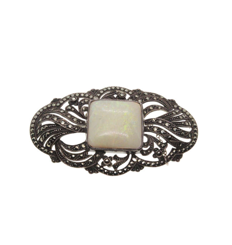 Brooch - Silver Marcasite Antique Brooch with Opal. Crazing Lines on Surface of Opal indicating A...