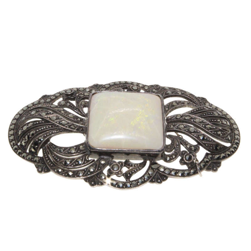 Brooch - Silver Marcasite Antique Brooch with Opal. Crazing Lines on Surface of Opal indicating A...