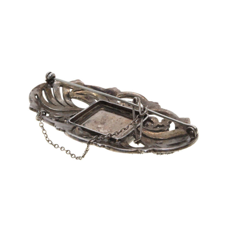 Brooch - Silver Marcasite Antique Brooch with Opal. Crazing Lines on Surface of Opal indicating A...