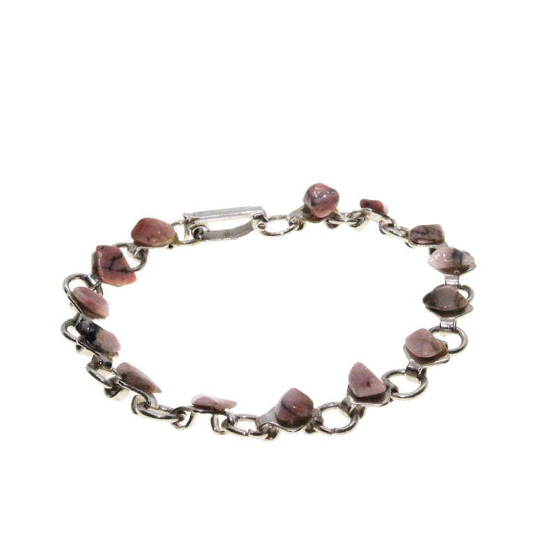 Bracelet - Silver Tone Linked Chain. Pink Mottled Stones - ML2977