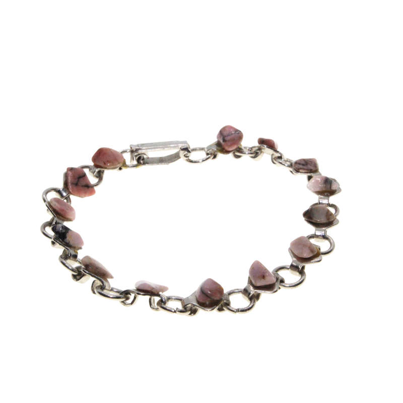 Bracelet - Silver Tone Linked Chain. Pink Mottled Stones - ML2977