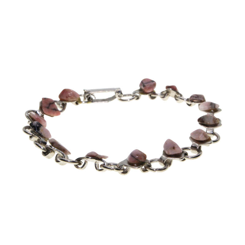 Bracelet - Silver Tone Linked Chain. Pink Mottled Stones - ML2977